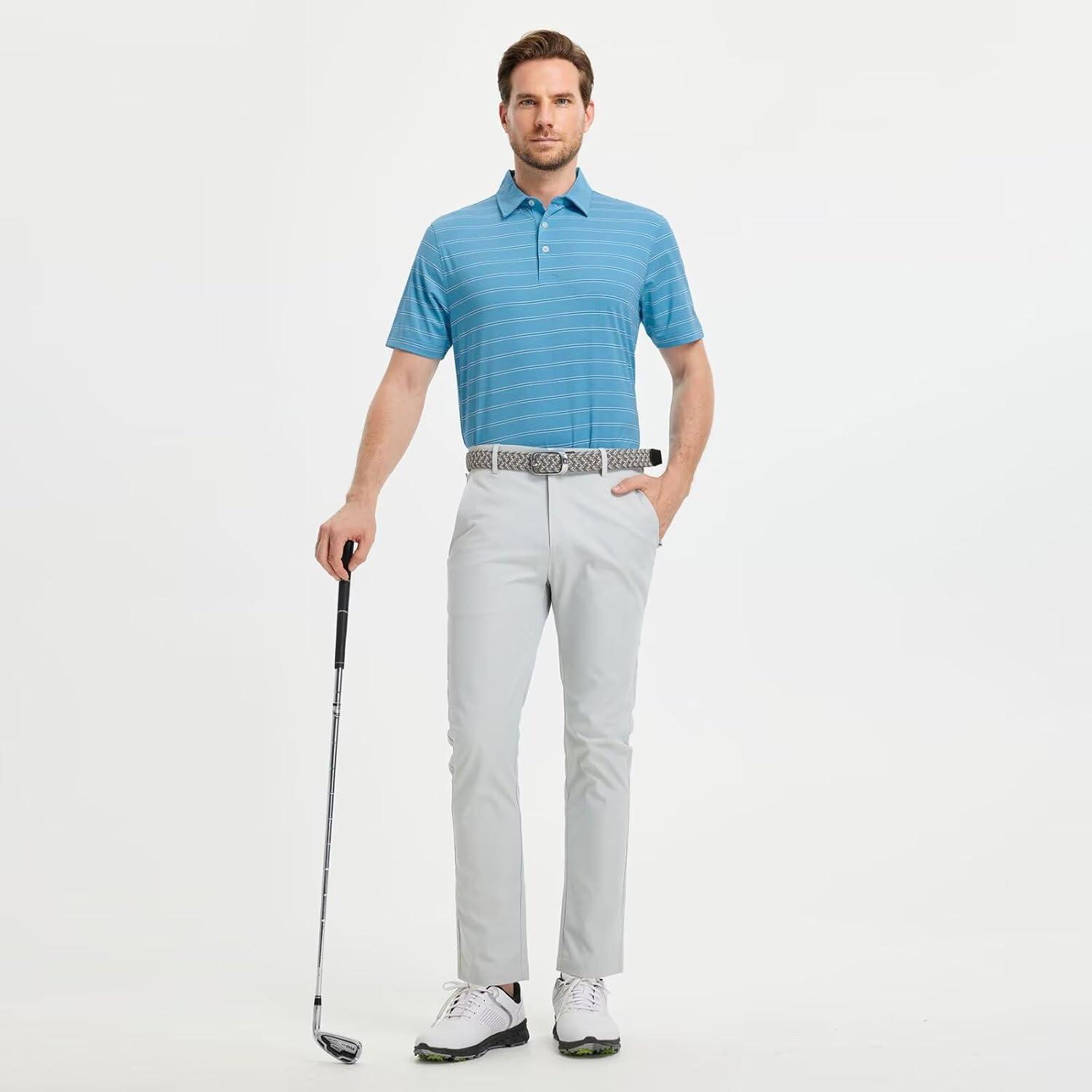 imageM MAELREG Golf Shirts for Men Moisture Wicking Striped Polo Performance Dry Fit Business Sports Mens Polo Shirts Short SleeveAqua Blue Stripe