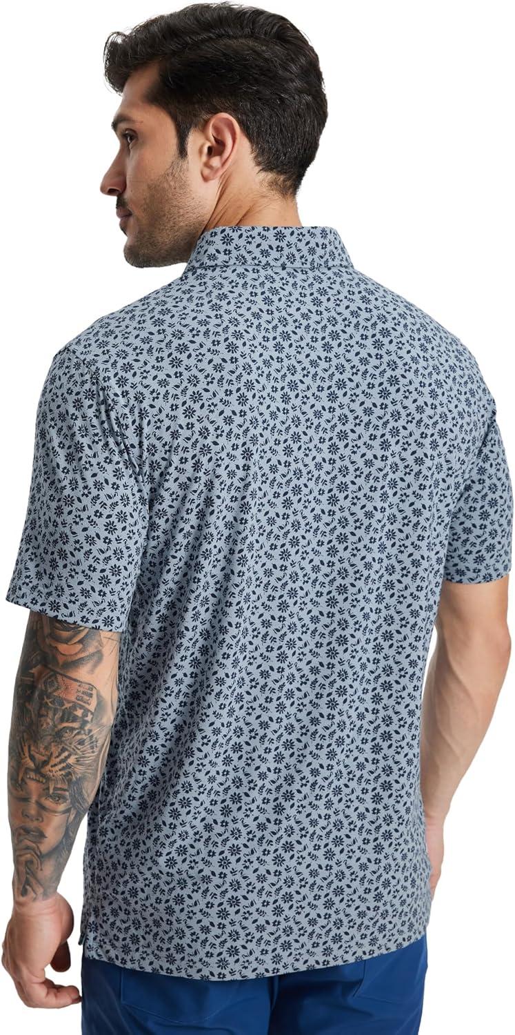 imageM MAELREG Golf Shirts for Men Print Performance Moisture Wicking Dry Fit Heather Stripe Collared Mens Polo Shirt Short Sleeve1grayish Blue Flower