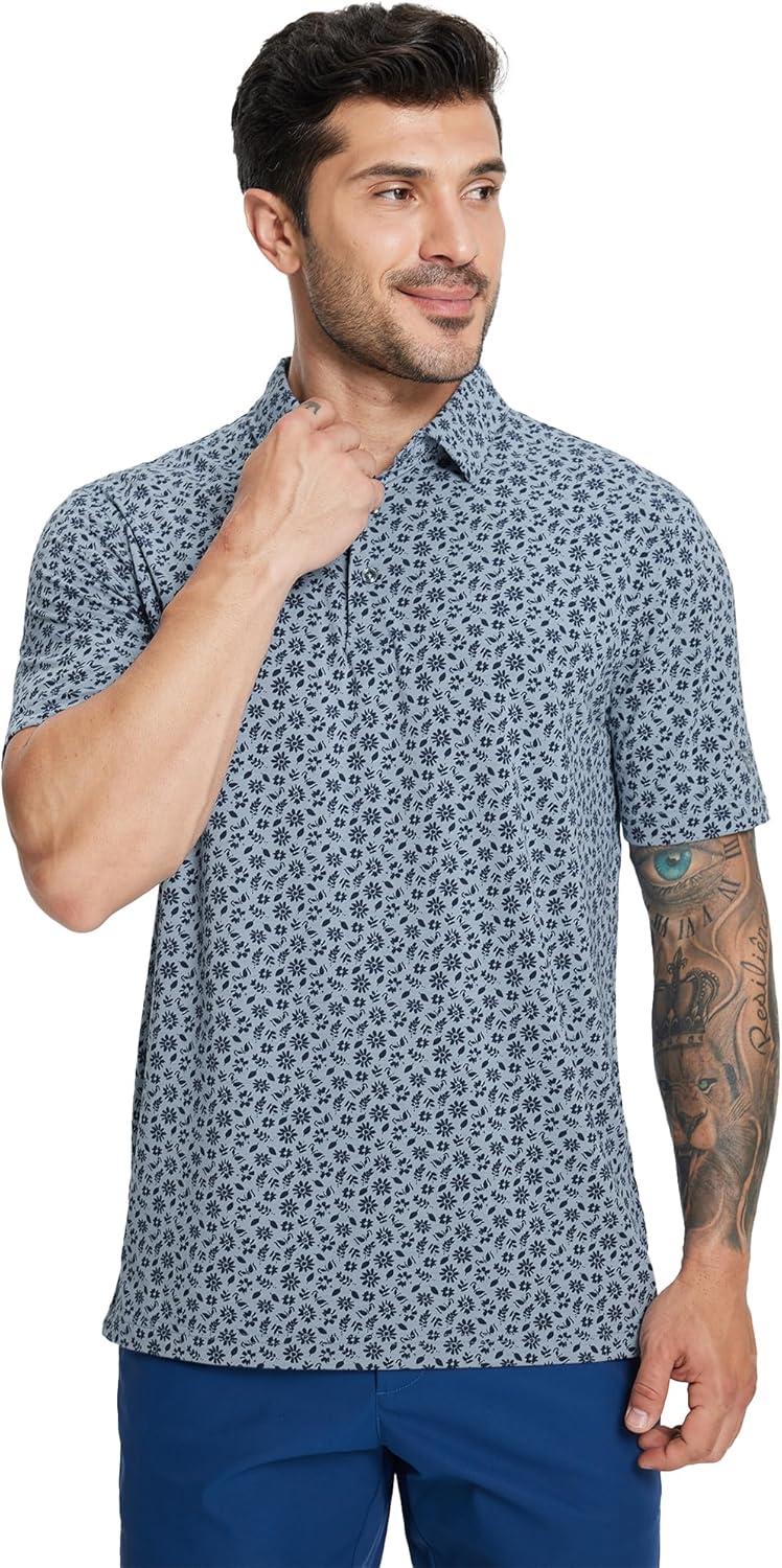 imageM MAELREG Golf Shirts for Men Print Performance Moisture Wicking Dry Fit Heather Stripe Collared Mens Polo Shirt Short Sleeve1grayish Blue Flower