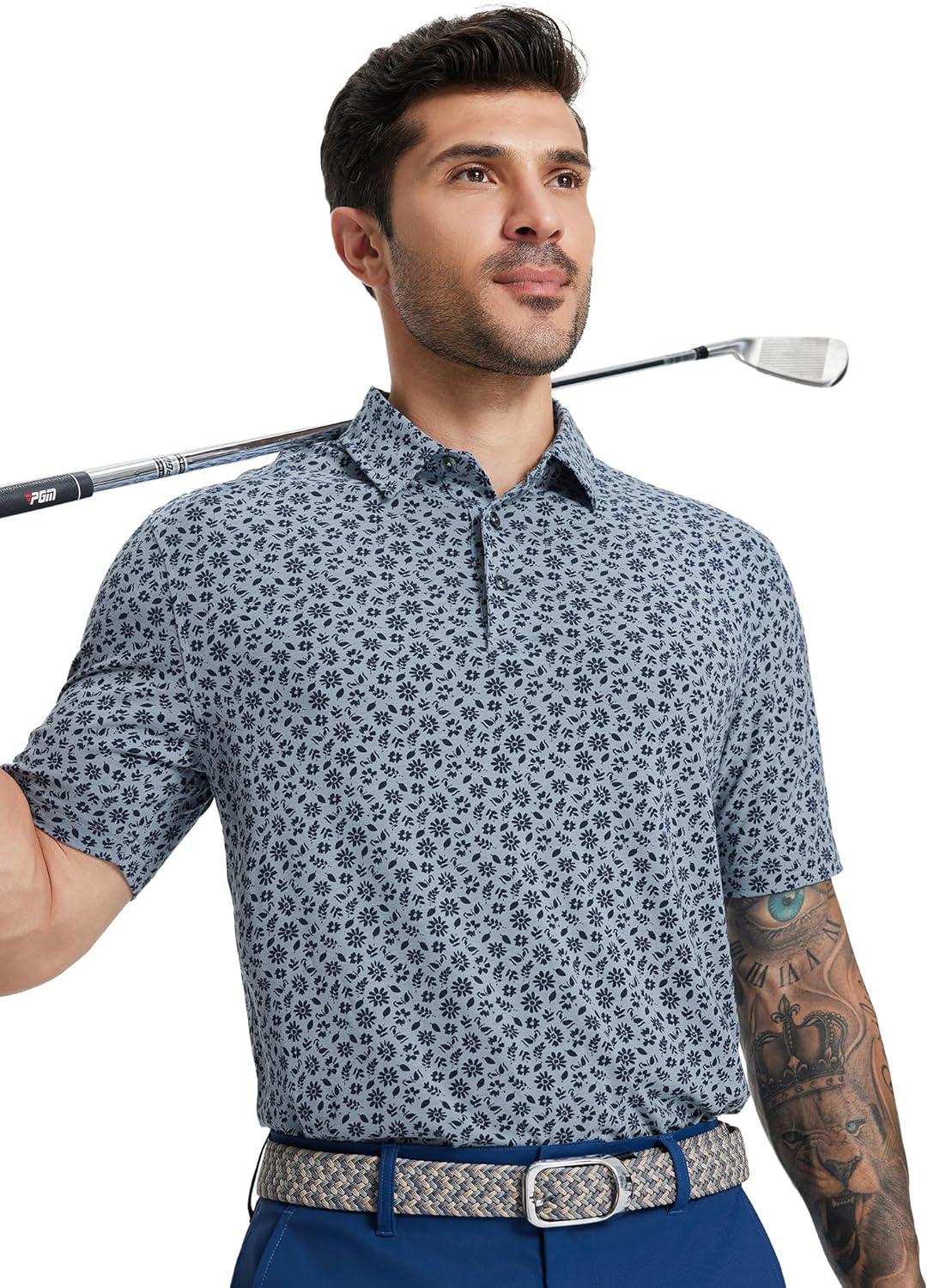 imageM MAELREG Golf Shirts for Men Print Performance Moisture Wicking Dry Fit Heather Stripe Collared Mens Polo Shirt Short Sleeve1grayish Blue Flower