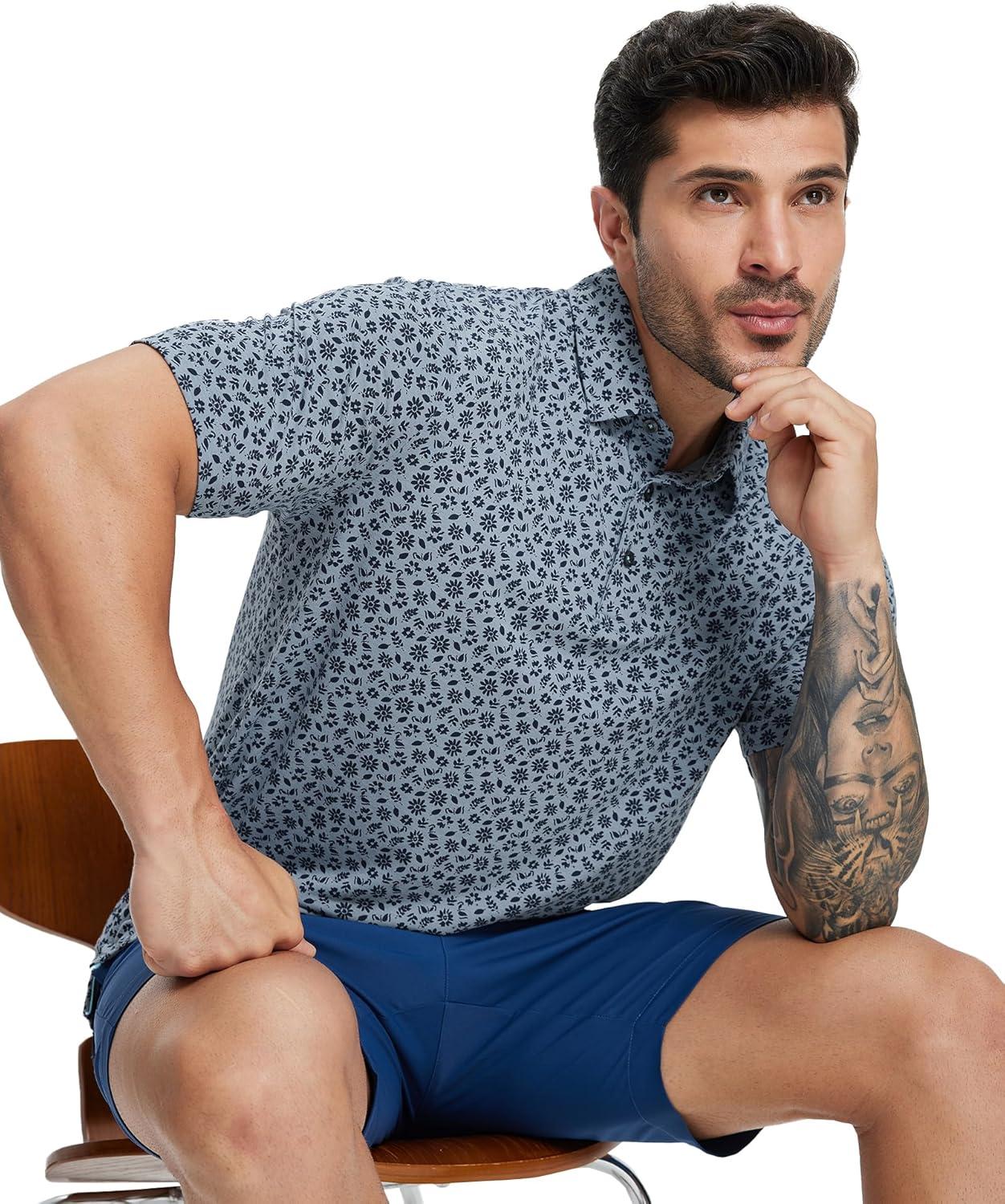 imageM MAELREG Golf Shirts for Men Print Performance Moisture Wicking Dry Fit Heather Stripe Collared Mens Polo Shirt Short Sleeve1grayish Blue Flower