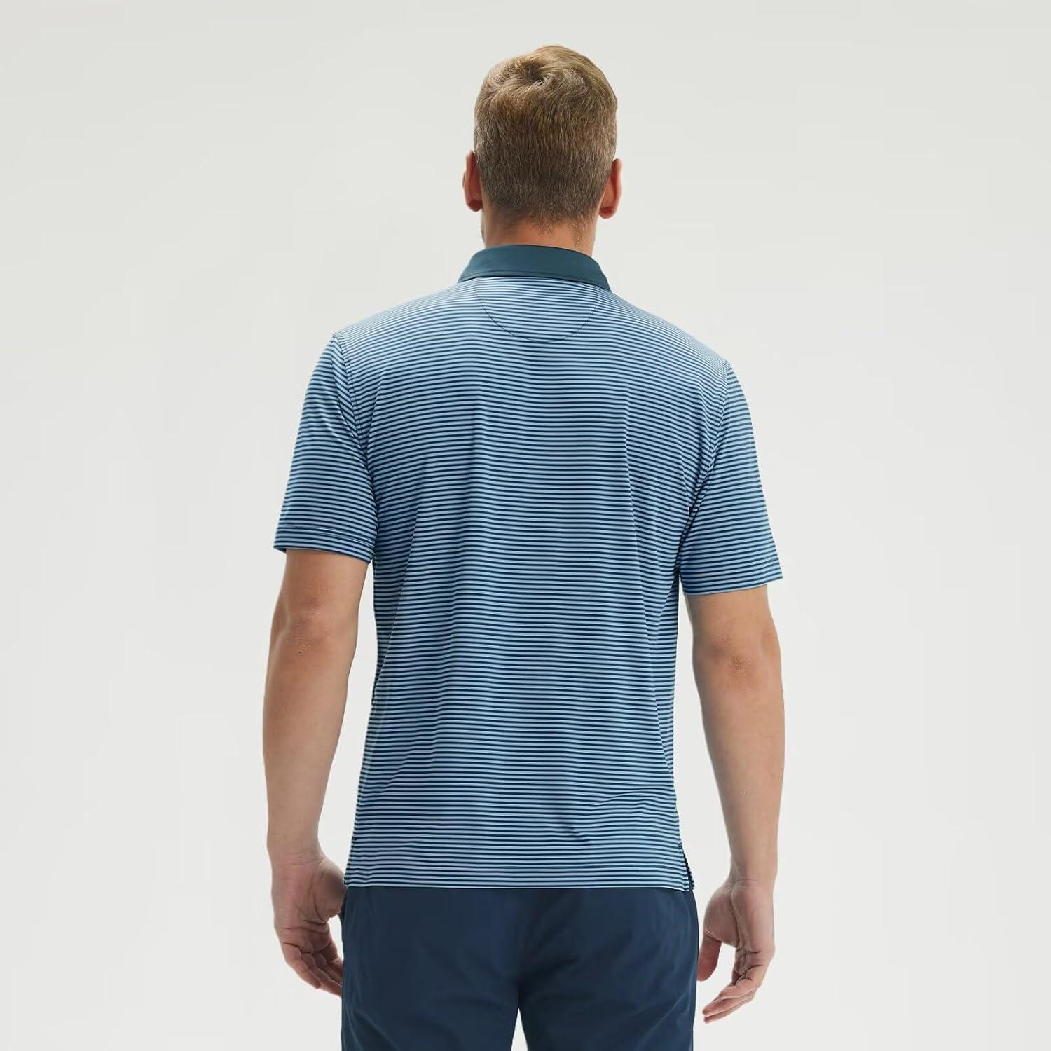 imageM MAELREG Polo Shirts for Men Dry Fit Moisture Wicking Performance Golf Sport Short Sleeve Striped Mens Golf ShirtBlue Denim Stripe