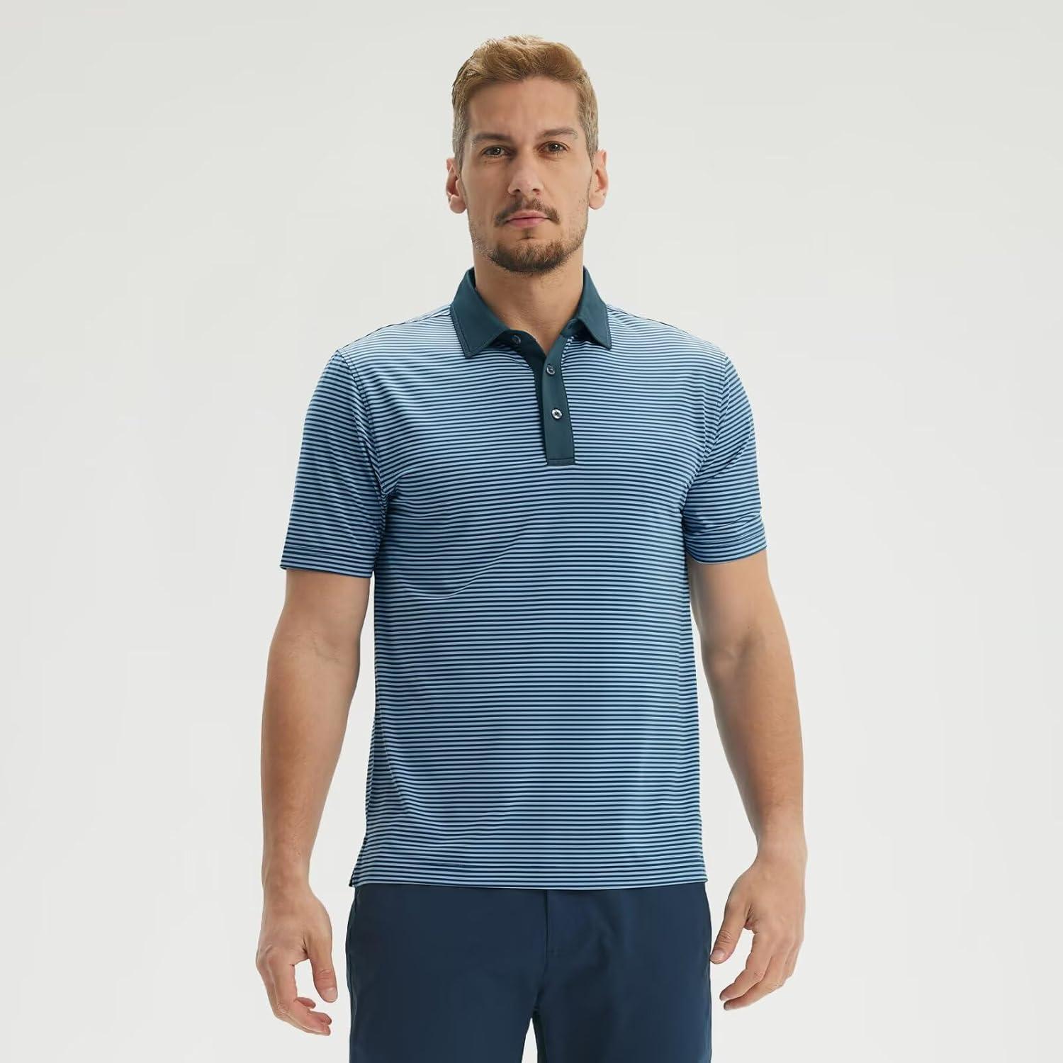 imageM MAELREG Polo Shirts for Men Dry Fit Moisture Wicking Performance Golf Sport Short Sleeve Striped Mens Golf ShirtBlue Denim Stripe