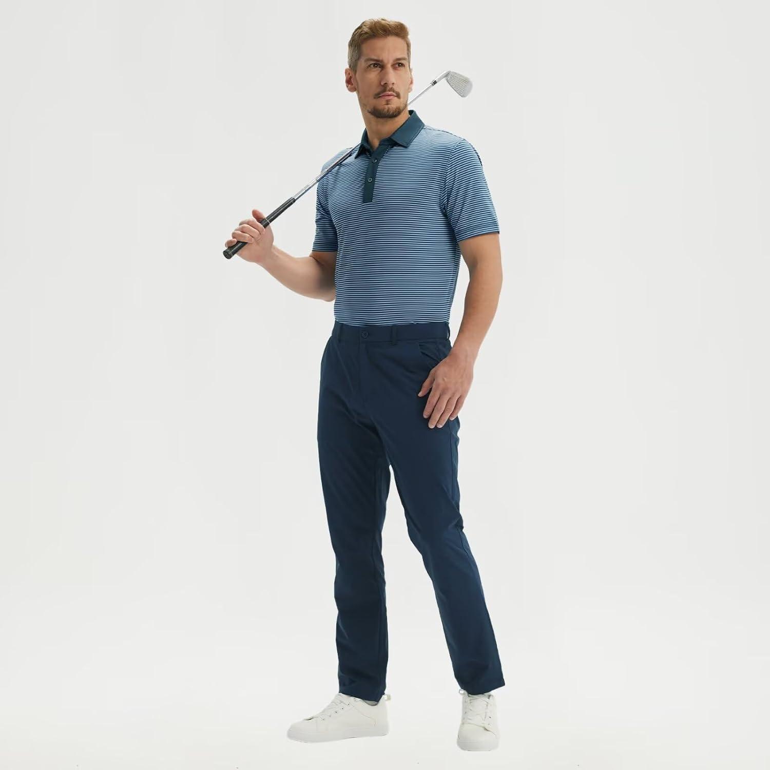 imageM MAELREG Polo Shirts for Men Dry Fit Moisture Wicking Performance Golf Sport Short Sleeve Striped Mens Golf ShirtBlue Denim Stripe