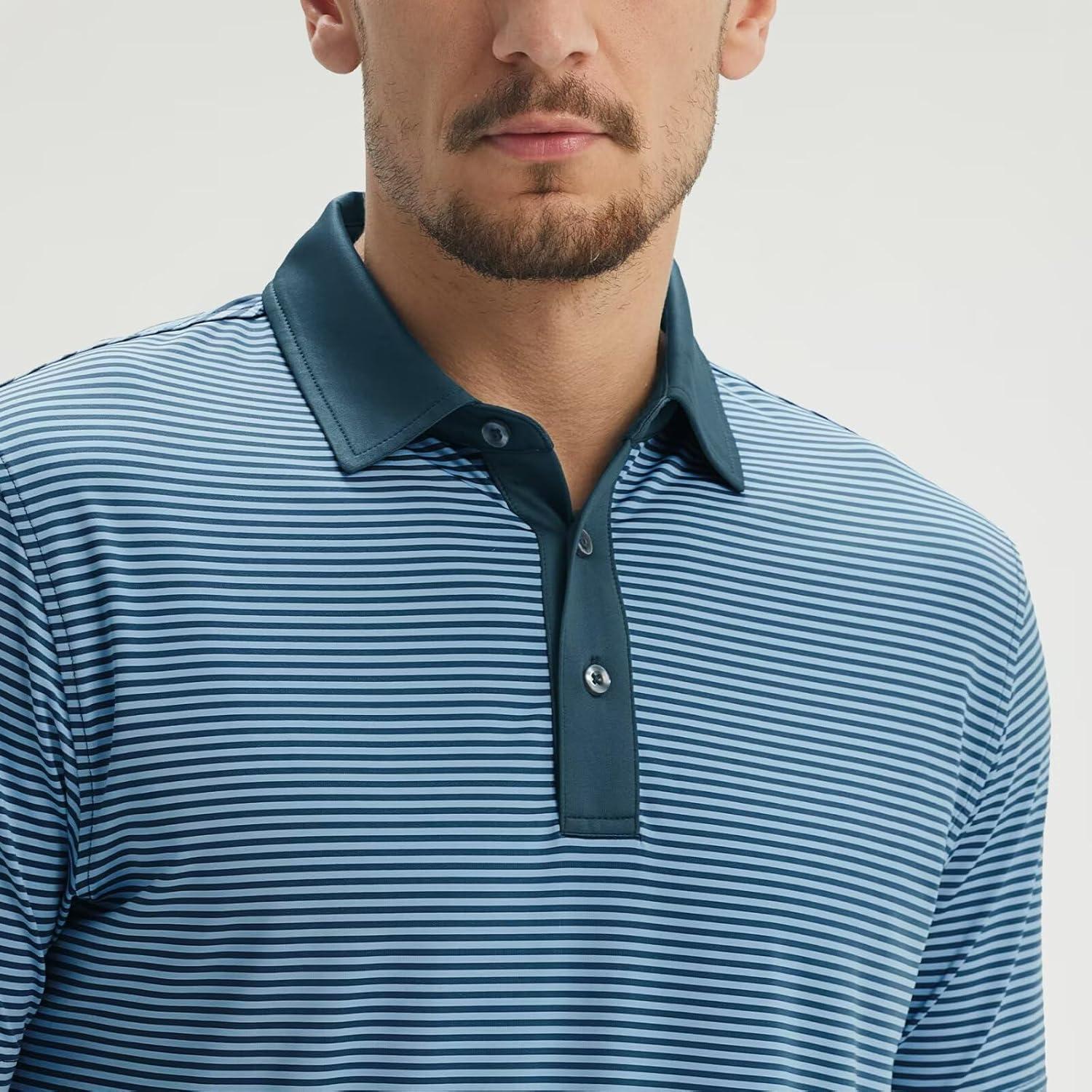 imageM MAELREG Polo Shirts for Men Dry Fit Moisture Wicking Performance Golf Sport Short Sleeve Striped Mens Golf ShirtBlue Denim Stripe