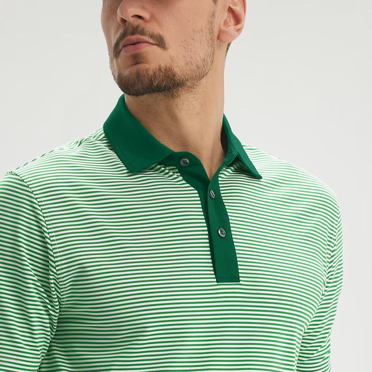 imageM MAELREG Polo Shirts for Men Dry Fit Moisture Wicking Performance Golf Sport Short Sleeve Striped Mens Golf ShirtEmerald Stripe