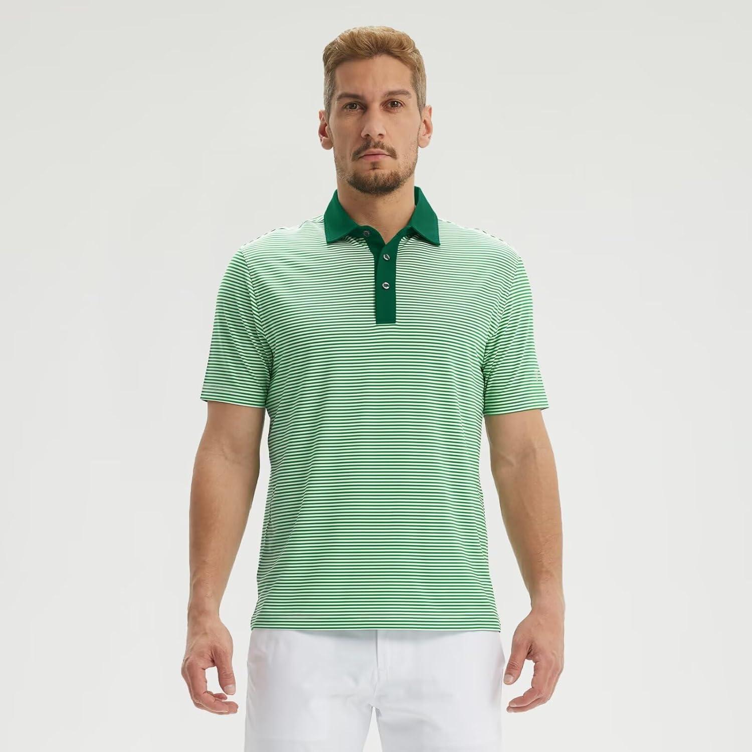 imageM MAELREG Polo Shirts for Men Dry Fit Moisture Wicking Performance Golf Sport Short Sleeve Striped Mens Golf ShirtEmerald Stripe