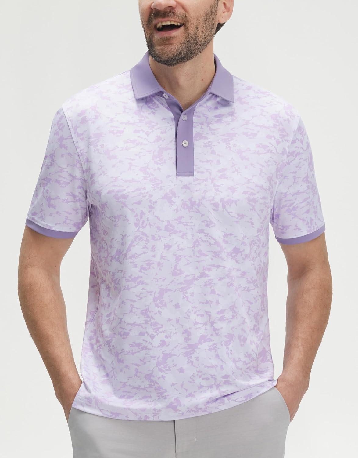 imageM MAELREG Golf Polo Shirts for Men Dry Fit Performance Lightweight Printing Contrast Collar Mens Golf Shirts Short SleeveViolet Frost Flowers