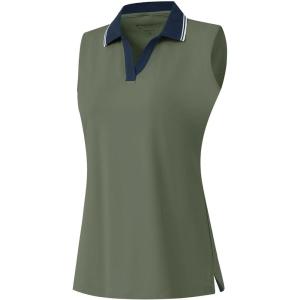 M MAELREG Polo Shirts for Women V Neck Sports Tennis Sleeveless Shirts Ribbed Collared Lightweight Athletic Womens Golf Shirt(Mossy Stone)
