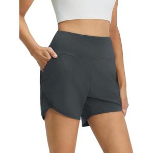 M MAELREG Women’s 2 in 1 Athletic Running Shorts 4″ High Waisted Tummy Control Workout Shorts Mesh Liner Quick Dry Gym Shorts(Dark Grey)