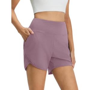 M MAELREG Women’s 2 in 1 Athletic Running Shorts 4″ High Waisted Tummy Control Workout Shorts Mesh Liner Quick Dry Gym Shorts(Lavender Pink)