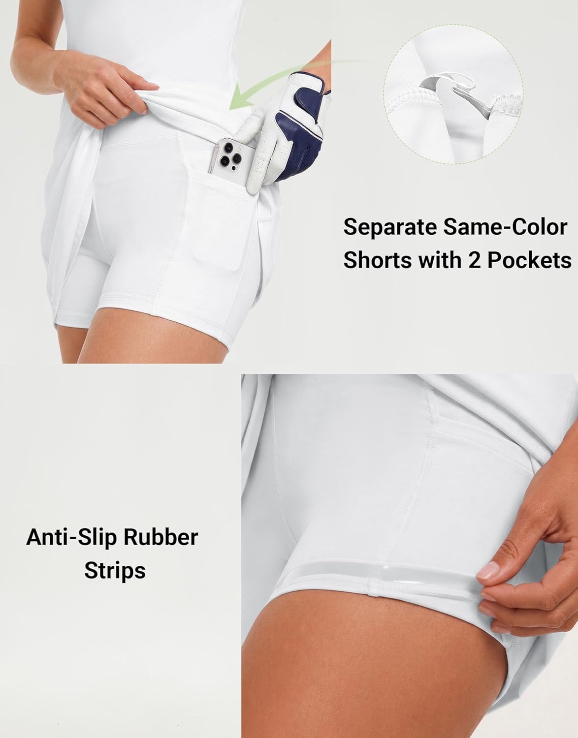 image:imageM MAELREG Womens Golf Dress with 2 Pockets on Separate Shorts UPF50 Tennis Athletic Dress Moisture Wicking 4Way StretchWhite